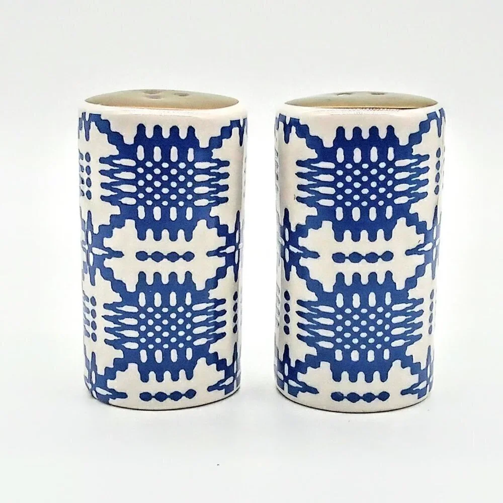 Blue White Ceramic Gold Top Salt Pepper Shakers